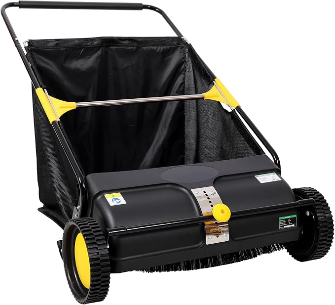 21 Inch Push Lawn Sweeper, Hand Powered Leaf & Grass Sweeper with 7 Cu Ft Hopper, 4 High-Speed Brushes, Height Adjustable, ABS & Steel Frame for Yard Lawn Cleanup (21 Inch Black)