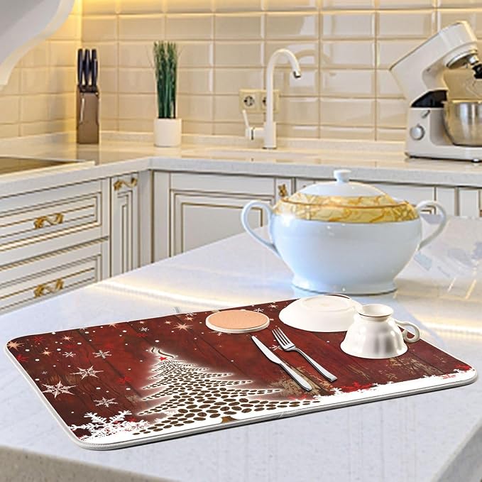 Christmas Tree Dish Drying Mat for Kitchen, Absorbent Microfiber Drying Pad Dish Mat, 16" X 18"