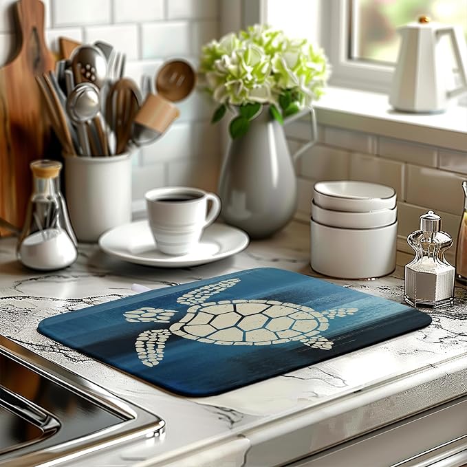 Sea Turtle Dish Drying Mat Summer Ocean Animal Dish Drainer Rack Mat 16 X 18 Inch Dark Blue Microfiber Absorbent Drying Mat for Kitchen Counter