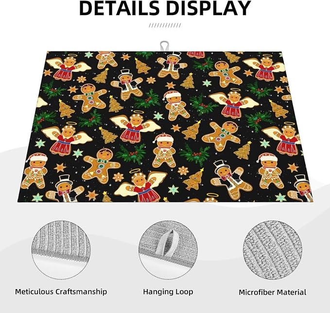 Christmas Gingerbread Dish Drying Mat for Kitchen Counter Cute Kitchen Christmas Dish Mat Microfiber Kitchen Countertop Absorbent Reversible Drainer Rack Pad