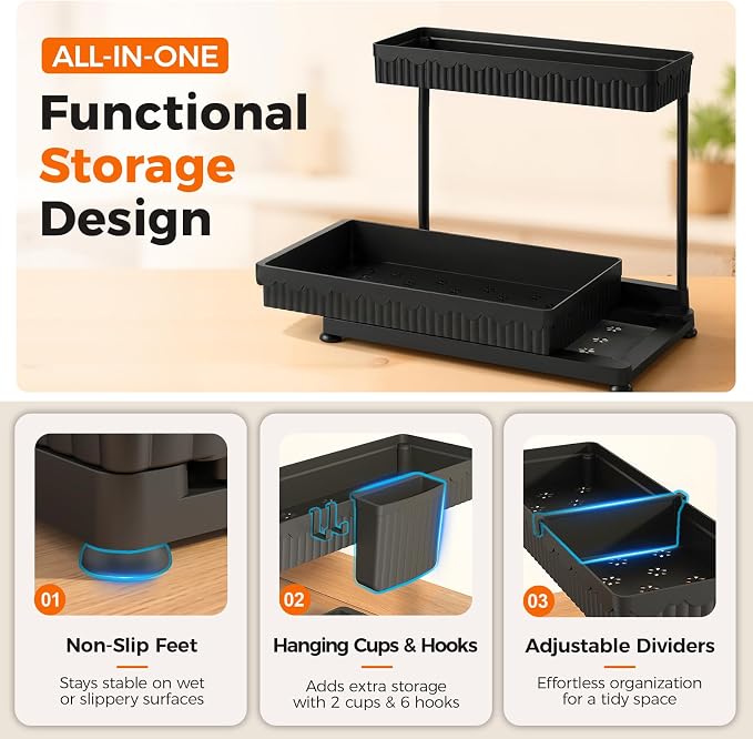Sevenblue 3 Pack Multi-Purpose Pull-Out Storage Organizers, 2-Tier L-Shaped Under Sink/Cabinet Organizers and Storage for Bathroom & Kitchen, (Black, 12.85 Inches)