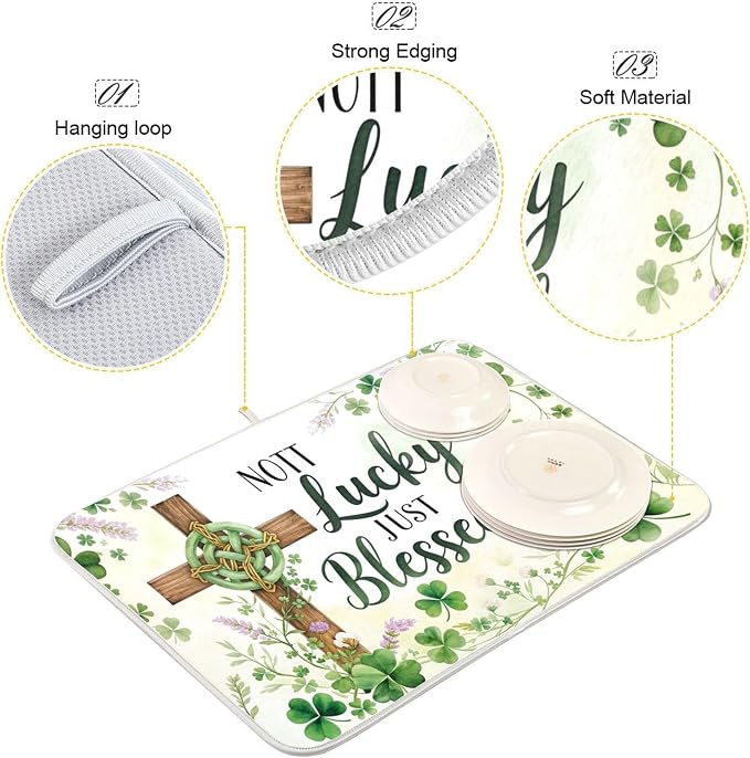 St.Patrick Days Dish Drying Mat for Kitchen Countertop 16x18 Green Shamrock Blessed Cross Small Drying Mat Reusable Quick Dry Dish Sink Mats Easy Clean Decorative Essentials