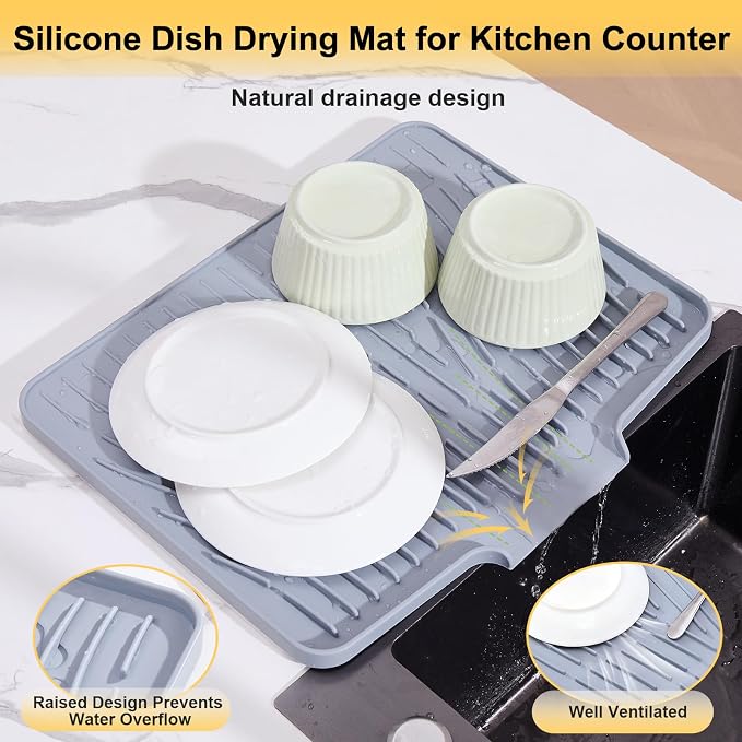 Silicone Dish Drying Mat for Kitchen Counter,Non-Slip Dish Drying Pad with Drain Lip,Heat Resistant Sink drying Mat for Dishes,Large Rubber dish drain mat dish rack mat (Grey,15.8"x13")