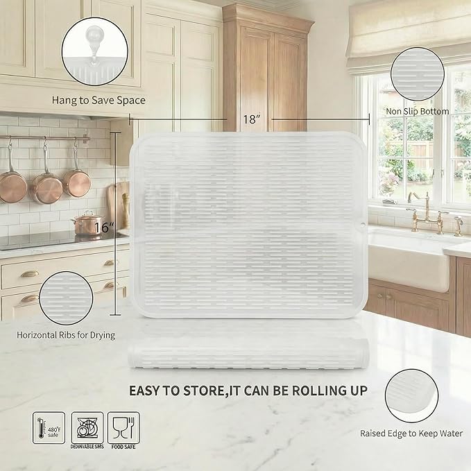 MicoYang Silicone Dish Drying Mat for Multiple Usage,Easy clean,Eco-friendly,Heat-resistant Silicone Mat for Kitchen Counter or Sink,Refrigerator or Drawer Liner Translucent XL 18 inches x 16 inches