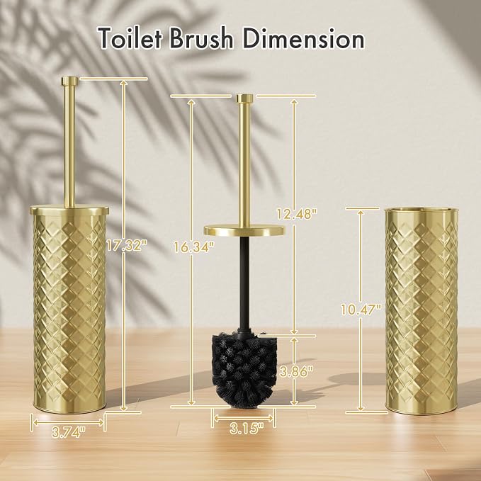Toilet Bowl Brush and Holder Set 2 Pack with 4 Extra Brush Heads | Extra Long Handle with Splash Guard Cover, Tool-Free Installation, Bathroom Space-Saving, Cleaner Sets for Apartments, RV (Gold)