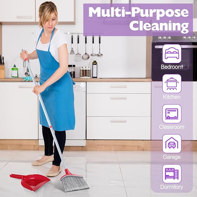 Meanplan 5 Pcs Angle Broom and Dustpan Combo Set for School Classroom 54'' Outdoor Indoor Cleaning Broom Commercial Broom with Step-on Dustpan for Home Kitchen Office Floor Dirt Dust Hair Cleaning