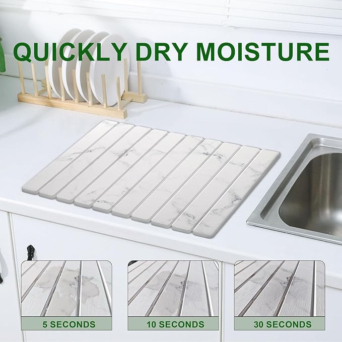 Large Stone Dish Drying Mat for Kitchen Counter, 24"×16" Quick Dry Collapsible Diatomaceous Earth Mat – Super Absorbent Foldable Drying Pad for Dishes (Marble White, 23.2" x 15.4")