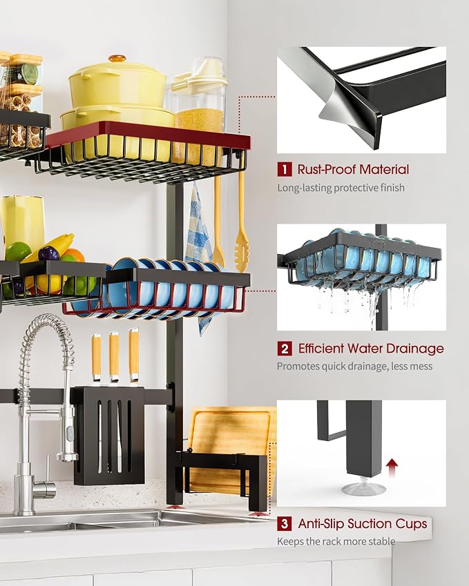 Sakugi Dish Drying Rack Over The Sink, Dish Drainer for Kitchen Counter | Stainless Steel Storage Organizer with Utensil Knife Holder & Hooks, Adjustable 11.8"Dx31.5"~39"Wx30"H, Black