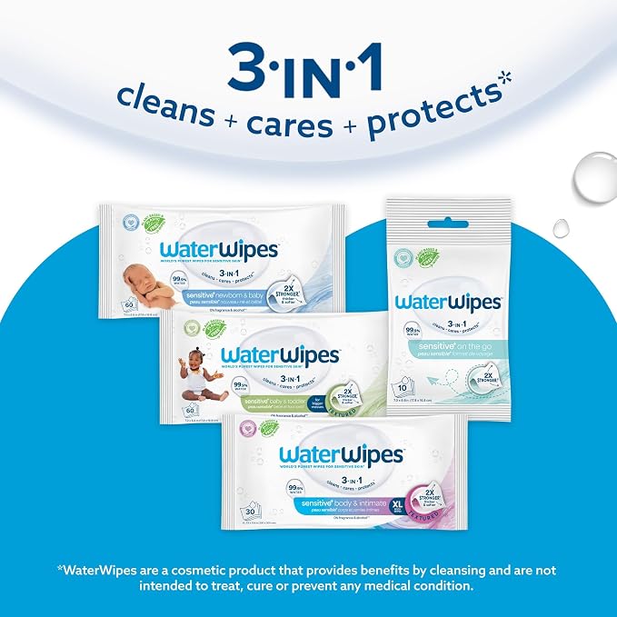 WaterWipes Sensitive Whole Body Cleansing Wipes, 99.9% Purified Water, XL Textured Wipes, Incontinence Care, Fragrance Free, 180 Count