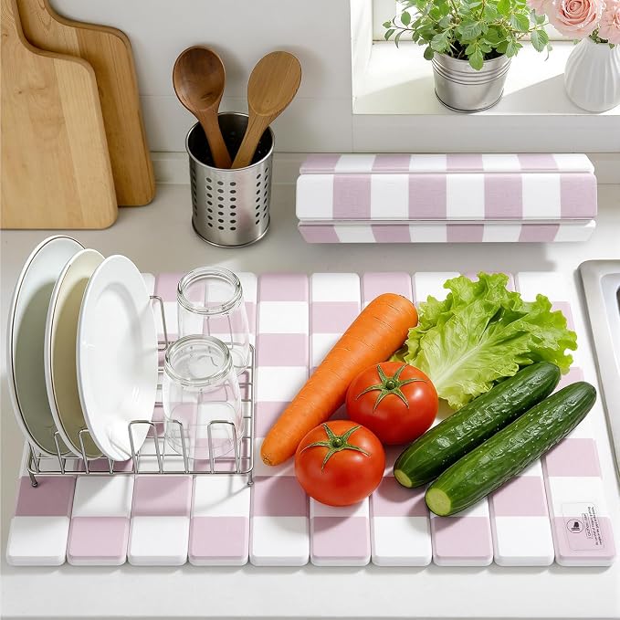 Yamaziot Large Stone Drying Mat for Kitchen Counter, 15.3"x24" Foldable Ultra Absorbent Stone Drying Mat, Quick-Dry Diatomaceous Earth Mat, Non-Slip Heat Resistant Mat for Dishes, Cups, Bottles, Pink