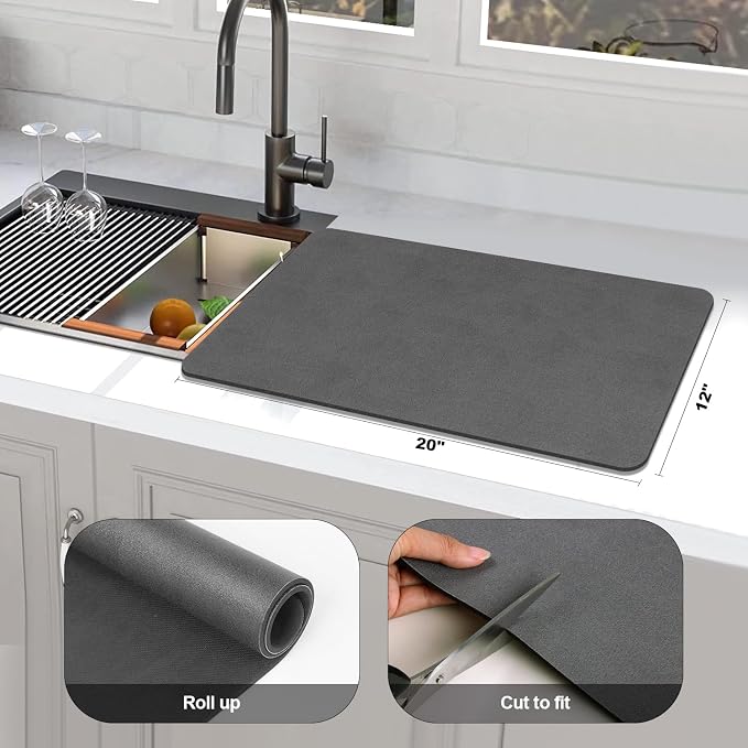 Findosom Dish Drying Mat, 12"x 20" Super Absorbent & Hide Stain Coffee Mat, Cuttable Drying Mat for Kitchen Counter, Coffee Bar Accessories, Under Dish Rack, Coffee Maker, Espresso Machine, DarkGrey-2