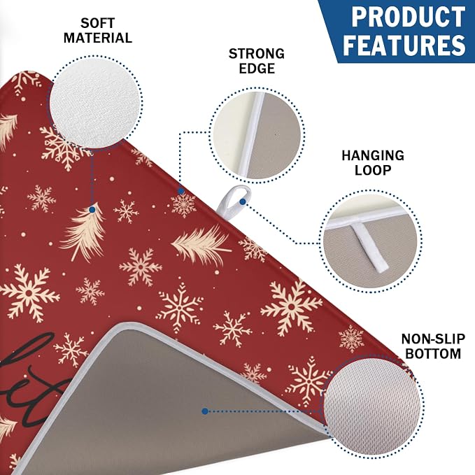 Christmas Snowflake Dish Drying Mat for Kitchen Counter 18x24 Inch | Red Xmas Theme Snowflakes Trees Snowy Dish Drainer Mat Rustic Winter Holiday Absorbent Washable Drying Pad