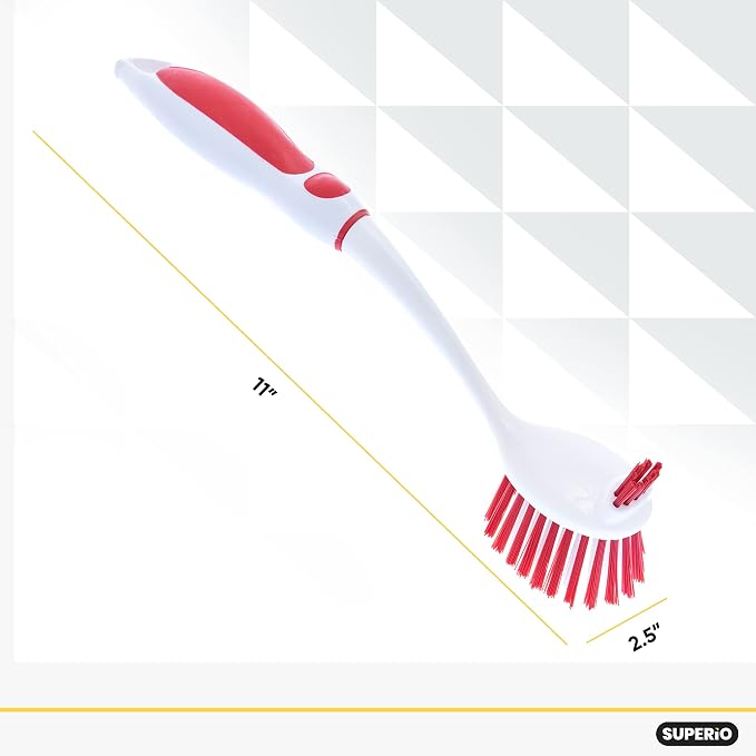 Superio Fruit and Vegetable Scrub Brush with Long Handle - Dish Cleaning Brush, Double Sided Scrubber, Non Scratch Kitchen Scrub Brush for Fruits/Potatoes/Veggies, Sinks, Bath (2, Red)