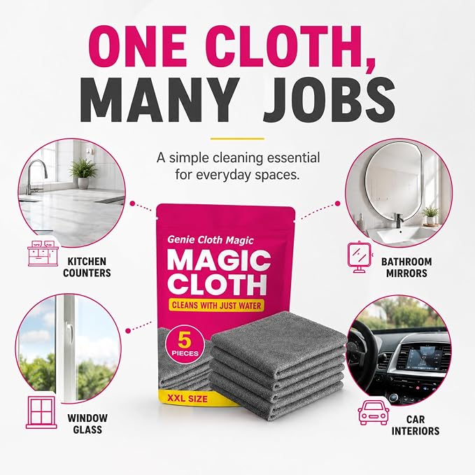 5 PackGenie Cloth Magic Cloth,Genie Magic Cleaning Cloth,Lint Free MicrofiberCleaning Cloths for Glass, Window, Kitchen,Stainless Steel,Cars & Screens,Reusable,5-Pack (1PCS)