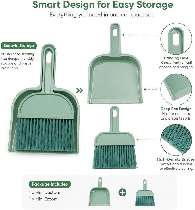 Rypet Mini Dustpan & Brush Set for Small Pet Cage Cleaning – Compact Handheld Broom for Guinea Pig, Rabbit, Hamster Bedding & Sticky Messes, Space-Saving, Deep-Corner Cage Cleaner Tool