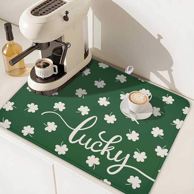 St Patricks Day Lucky Clover Dish Drying Mats for Kitchen Counter Green White Shamrock Dish Drying Pad St Patrick Microfiber Absorbent Reusable Washable Large Dishes Drying Mat 18x24 Inch