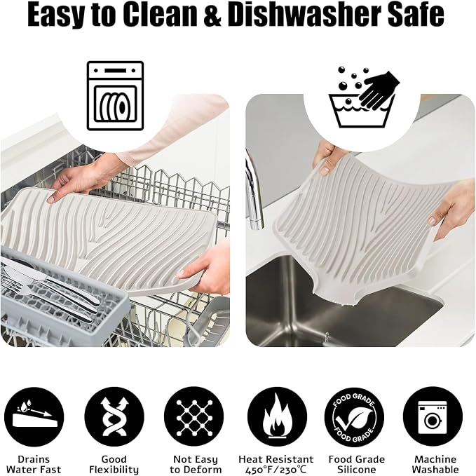 TIKNIK Silicone Dish Drying Mat for Kitchen Counter - Heat Resistant & Non-Slip Dish Drain Pad with Built-In Drain, Dishwasher Safe, Quick-Dry, Hangable & Roll-Up for Storage, Cream-1pcs, 20" x 15"