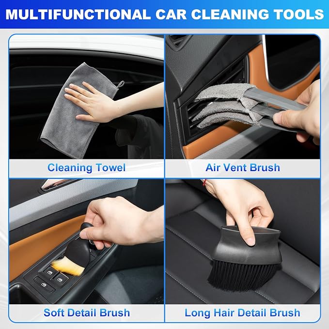 THINKWORK Windshield Cleaner Tool, Detailing Kit Interior with Brush Set | 180 Degree Rotating Head, Replaceable Microfiber Pads, Streak Free, Storage Bag, Gray Car Cleaning Accessories, Gift, 20Pcs