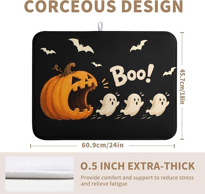 Halloween Ghost Dish Drying Mats Spooky Pumpkin Dish Mat Bat Drying Matt Dishes Dryer Pad for Kitchen Counter Absorbent Microfiber Washable Foldable Reusable 18x24 in