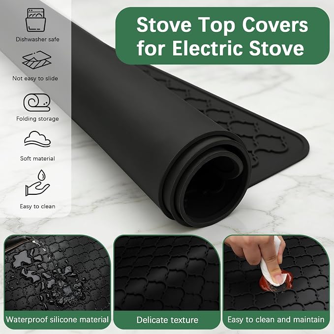 Stove Top Cover for Electric Stove - Food Grade Ceramic Stove top Cover, Silicone XXL Dish Drying Mat, Glass Cooktop Covers, Flat RV Range top Mats (Black, 27.5"X20")