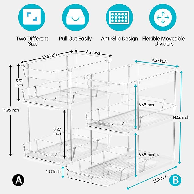 Delamu 2 Sets of 3-Tier Bathroom Under Sink Organizers and Storage, Multi-Purpose Stackable Pantry Organization and Storage, Pull Out Clear Kitchen Bathroom Cabinet Organizer with Movable Dividers | Storage