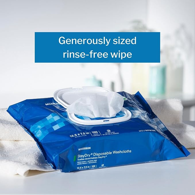 McKesson Disposable Wipe 1 Pack, 100 Washcloths - Large Adult Body and Incontinence Washcloths with Aloe and Vitamin E, Alcohol-Free, 100 Wipes Per Pack