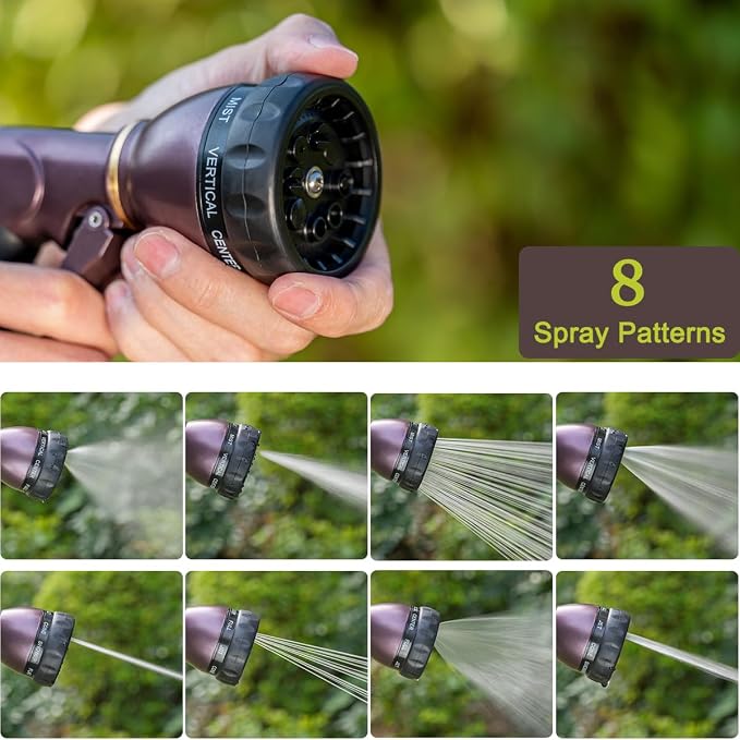 FANHAO Metal Water Hose Nozzle Heavy Duty, 8 Spray Patterns, High Pressure | Comfortable Non-Slip Handle, Hands-Free Lock, Rustproof Leak Proof Hose Sprayer Nozzle for Watering Plant, Car & Pet Washing
