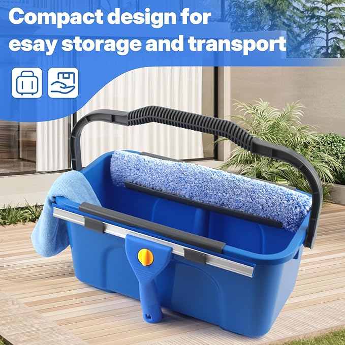 PIMEKOY Window Cleaning Kit with Bucket, Squeegee and Scrubber for Outdoor | Professional Window Washing kit, 61" High Window Squeegee & Scrubber, 3 Gal Bucket, Window Cleaner Tool for Home, Commercial