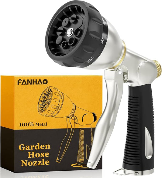 FANHAO Metal Garden Hose Nozzle Heavy Duty, 8 Spray Patterns, High Pressure | Rustproof Leak Proof, Comfortable Non-Slip Handle, Hands-Free Lock, Hose Sprayer Nozzle for Watering Plant, Car & Pet Washing