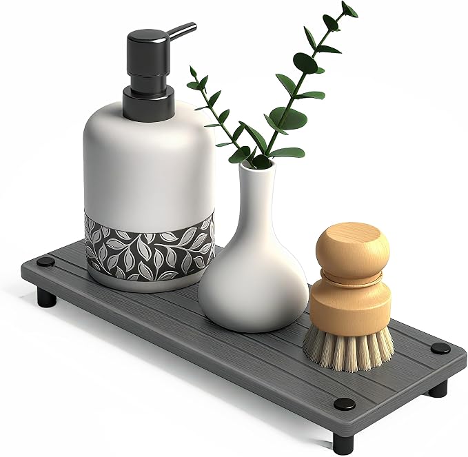 Quick Dry Sink Caddy Kitchen Sink Organizer, Water Absorbing Stone Tray for Sink, Stone Drying Tray, Diatomite Faucet Mat & Protector, Dispenser Sponge Holder, Stone Soap Tray for Bathroom Counter
