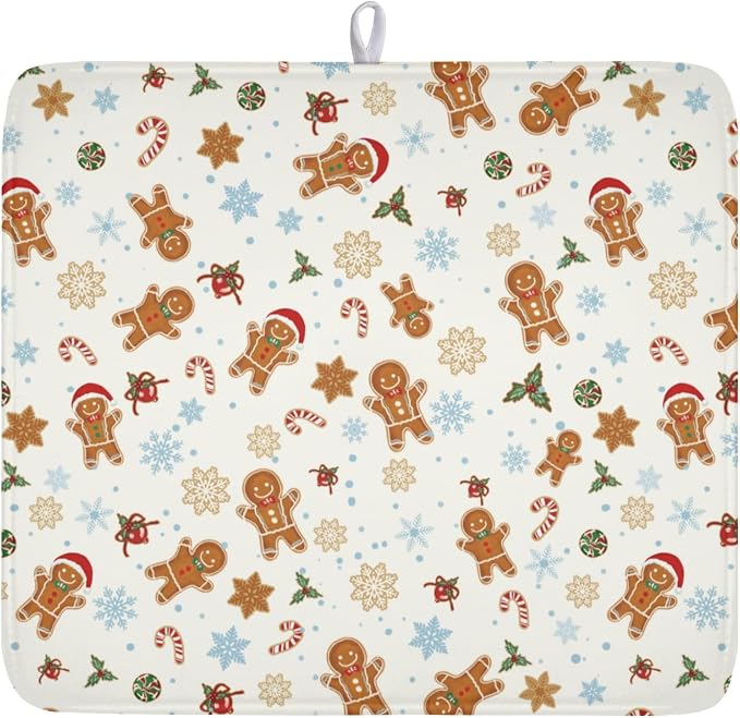 Christmas Gingerbread Man Dish Drying Mat 16x18 Inch Xmas Snowflake | Winter，Polyester，Absorbent Microfiber，for Kitchen Coffee Dining Bar Decor