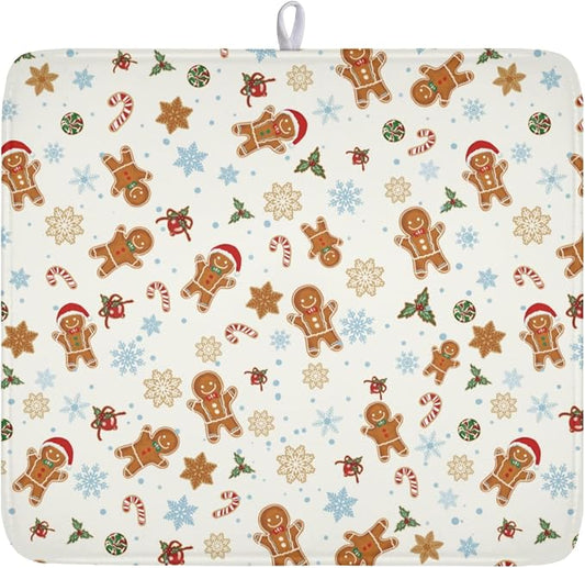 Christmas Gingerbread Man Dish Drying Mat 16x18 Inch Xmas Snowflake | Winter，Polyester，Absorbent Microfiber，for Kitchen Coffee Dining Bar Decor