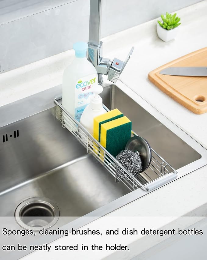 Expandable Kitchen Sink Caddy, 304 Stainless Steel Over the Sink Sponge Holder, Adjustable Drain Rack Organizer for Sponges, Brushes, Dish Soap, Rustproof & Quick-Dry