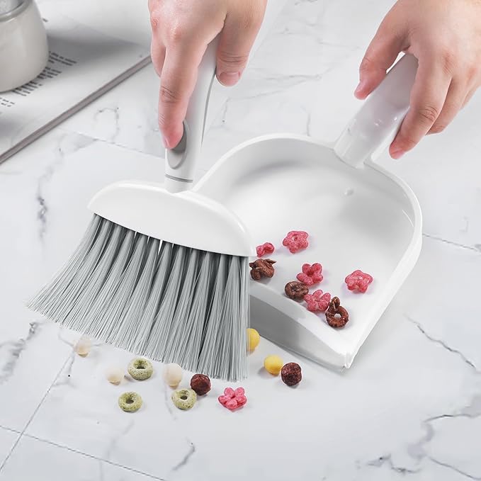 NACENA Small Dust Pan and Brush Set, Mini Broom and Dustpan Set, White&Gray | Small Hand Broom and Brush Combo Dust Pan with Teeth for Home Cleaning Drawers Desktop Sofas and Outdoor