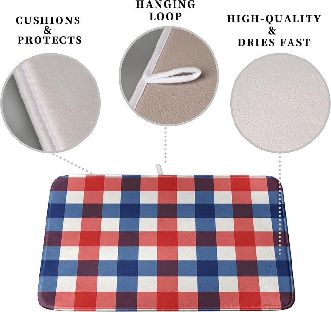 4th of July Dish Drying Mat Patriotic Buffalo Plaid Drying Mats for Kitchen Counter Absorbent Microfiber Dish Drainer Pad Independence Memorial Day Dish Draining Mat 16x18 Inch