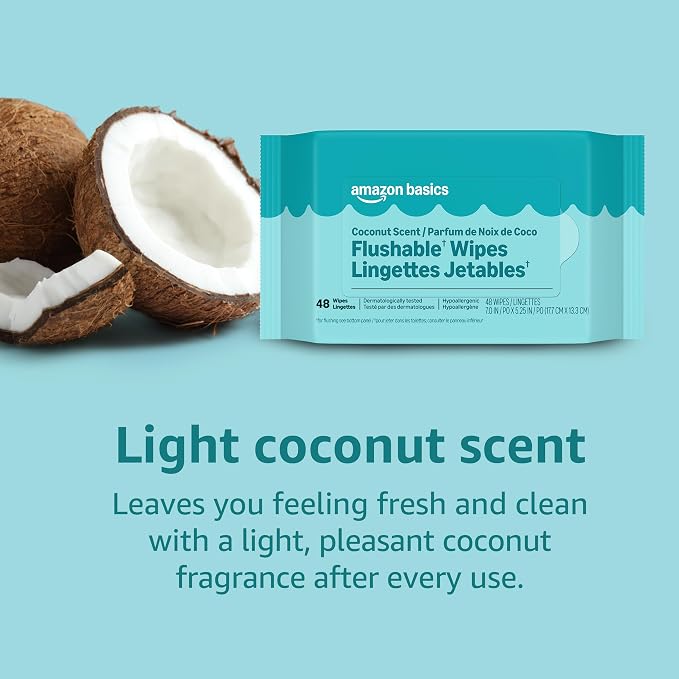 Amazon Basics Flushable Wipes, Coconut Scent, Hypoallergenic, Dermatologically Tested, 2 Packs of 48 (96 Count)