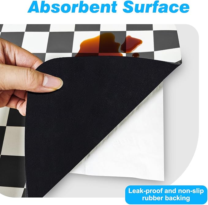 CooRug Checkered Dish Drying Mat, 16" x 24", Black | Absorbent, Leak-Proof, Non-Slip, Heat Resistant, For Kitchen Counter & Coffee Bar, Eco-friendly Materials, Easy to Clean