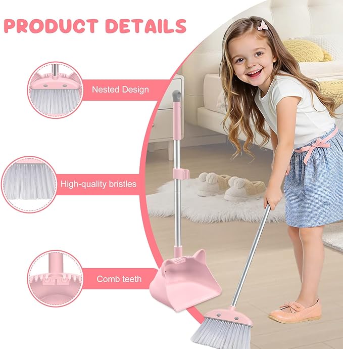 Mini Broom with Dustpan for Kids, 28-in Handle Kids Broom and Dustpan Set for Toddlers Cat-Shaped Children Cleaning Set Boys Girls Small Housekeeping Helper Set, Pink