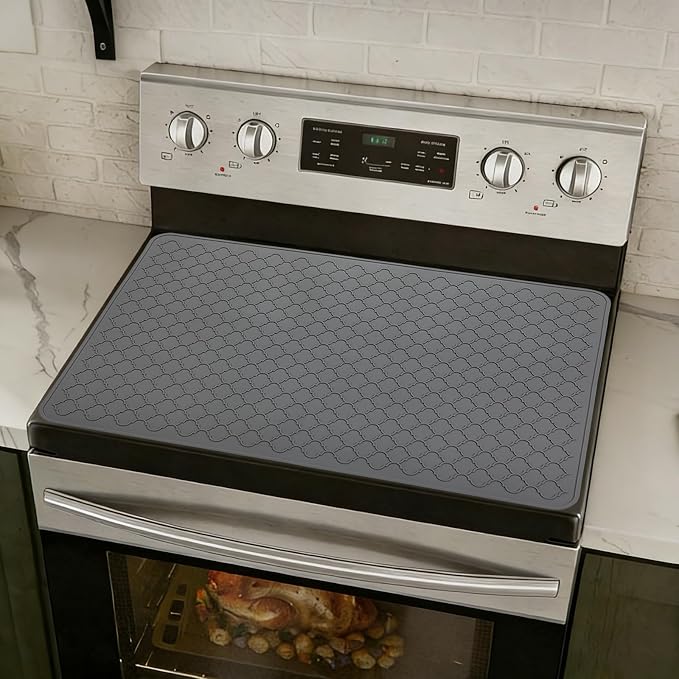 Stove Top Cover for Electric Stove - Food Grade Ceramic Stove top Cover, Silicone XXL Dish Drying Mat, Glass Cooktop Covers, Flat RV Range top Mats (Grey, 27.5"X20")