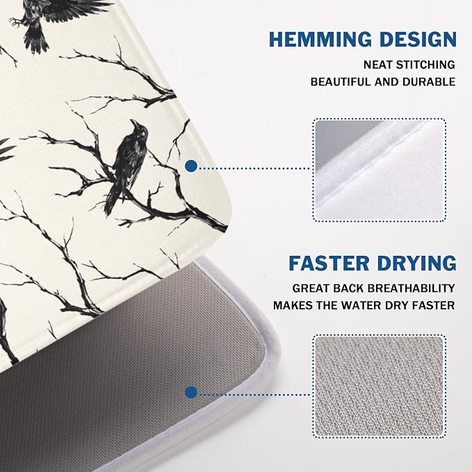 Halloween Crows Dish Drying Mat for Kitchen Counter Vintage Spooky Black Tree Branches Raven Pattern Microfiber Dish Drainer Mat Rustic Absorbent Washable Drying Pad 18"x24"
