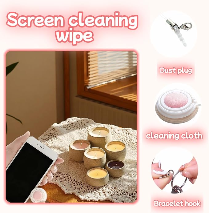 【2 Pack】 Phone Screen Cleaner Dust Plug, Portable Keychain Screen Cleaner for Glasses, Phone, Tablet, Lens - Reusable, Washable, Cute Design with Wrist Strap (Pink/Green) (Pink + Blue)