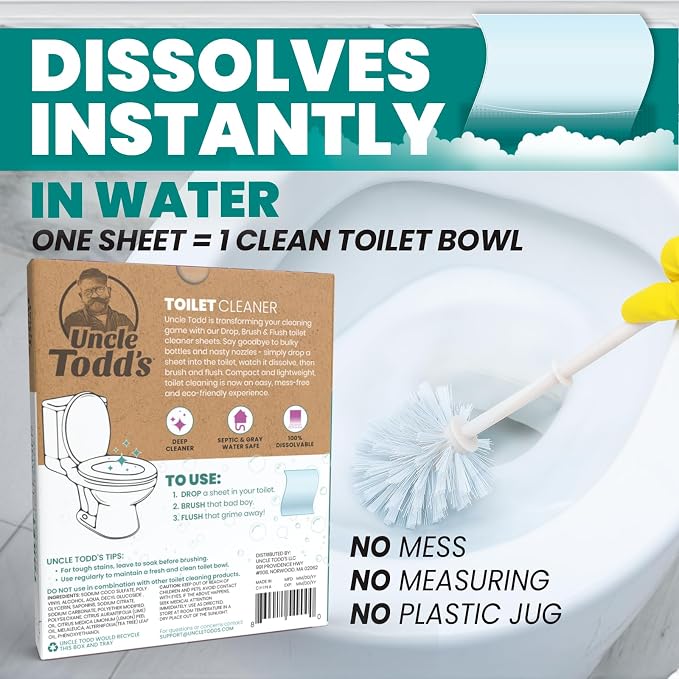 Uncle Todd's Toilet Cleaner Sheets - 100% Dissolvable, Plastic-Free Packaging, Drop, Brush, & Flush - 30 Sheets