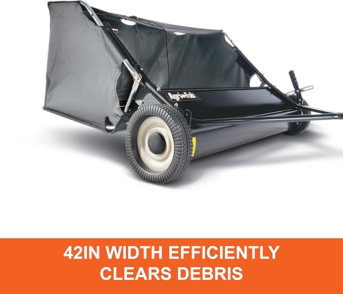 Agri-Fab 42 In Tow-Behind Lawn Sweeper with 12 Cu Ft Hopper Bag, Adjustable Brush Height and Easy Dump Rope