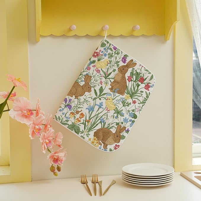 Spring Dish Drying Mat 18x24 Inch Easter Rabbit Bunny Floral Drying Mat Sage Green Wildflower Holiday Absorbent Dish Drying Pad Dish Rack Drainer Mats for Kitchen Dining Counter