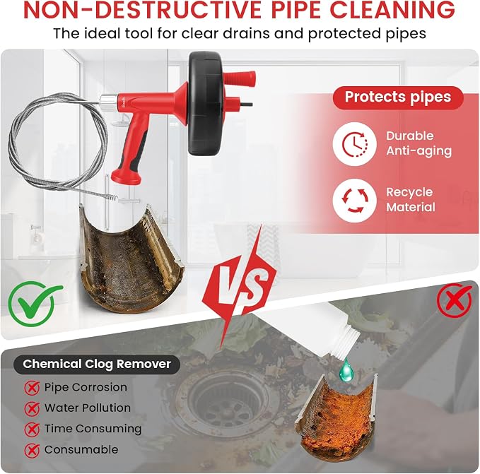 XJX Drain Auger, Plumbing Snake with Drill Adapter, 25FT Flexible Steel Drain Clog Remover, Manual or Powered for Kitchen, Bathroom & Shower Sink, with Gloves and Storage Bag Red