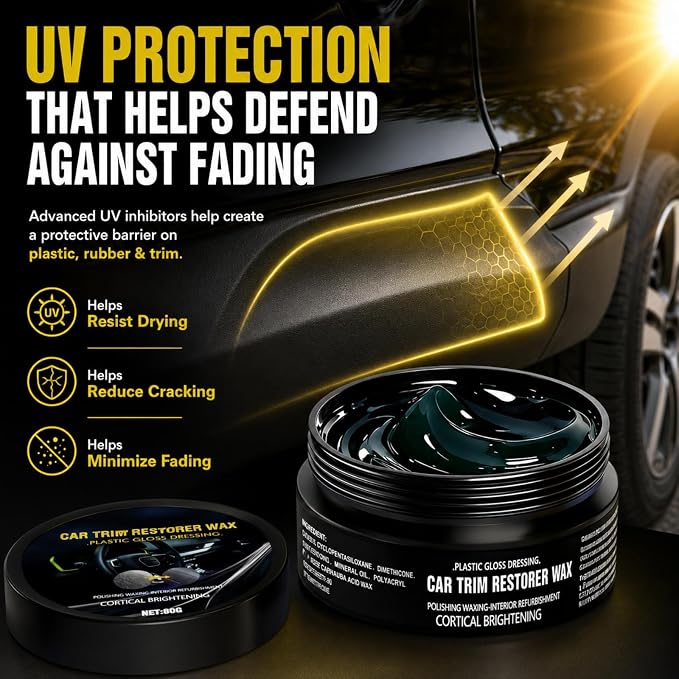 Plastic Restorer for Cars, Black Restoration for Interior & Exterior, 80g | Restore faded black plastic, trim, rubber, vinyl and dashboard with UV protection, ceramic coating and water-resistant care