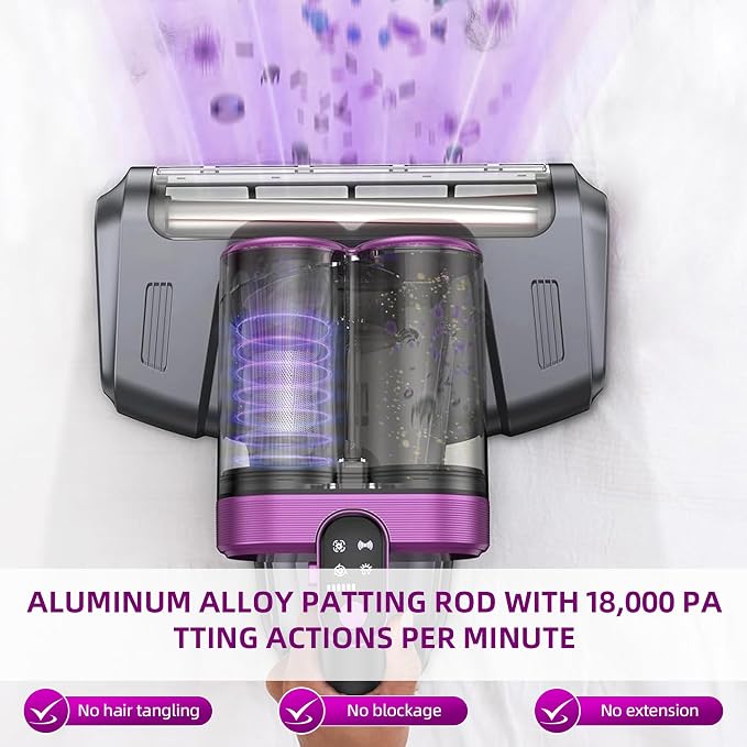 Cordless Mattress Vacuum Cleaner with 253.7nm UV-C Light, Purple | 16Kpa Handheld Bed Vacuum Ultrasonic, Widened Suction, Low Noise, HEPA Filtration for Mattress Sofa Couch Pet Hair