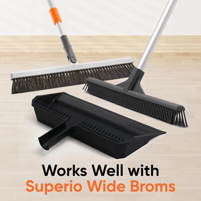 Superio Wide Plastic Dustpan with Comb - 16" Wide, Rubber Lip, Broom Handle Clip, Black