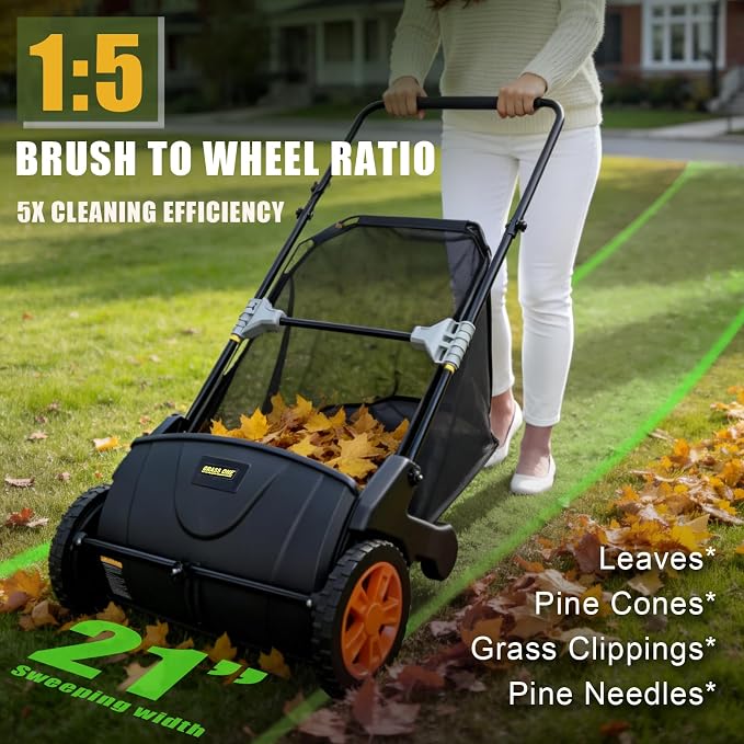 21 Inch Lawn Sweeper, Push Leaf & Grass Collector, PP Brushes | Reinforced frame design with 10.5" PP brushes, large hand-woven nonwoven bag, adjustable height for easy yard cleanup