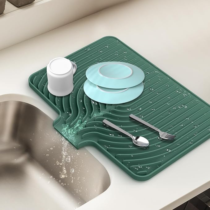 Dish Drying Mat for Kitchen Counter, with Built-in Drain Lip, Food-Grade Silicone, Easy Clean Pad for Countertop Protection, Multi-Functional Use (18x11.8, Dark Green)